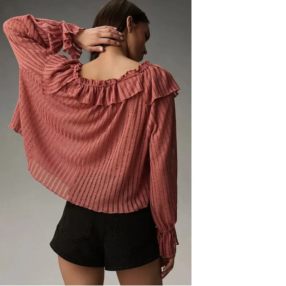 By Anthropologie Long-Sleeve Sheer Striped Crop Blouse top nwt new with tag - Picture 4 of 7